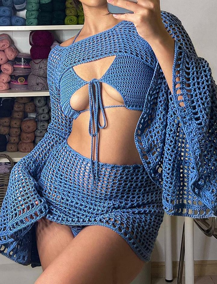Solid Color Crochet Three Piece Y2K Outfit - Cute Coquette & Grunge Aesthetic Set