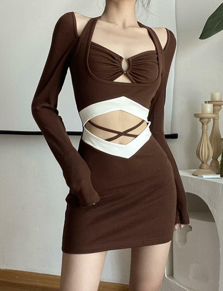 Solid Color Cross Waist Cutout Long Sleeve Dress - Y2K Aesthetic, Coquette Style, Cute Fashion