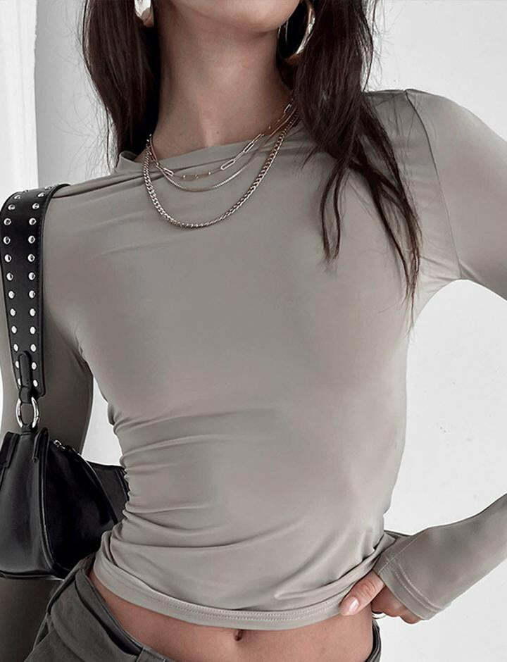 Solid Color Round Neck Long Sleeve Basic Tee - Y2K Aesthetic Essential for Cute Outfits