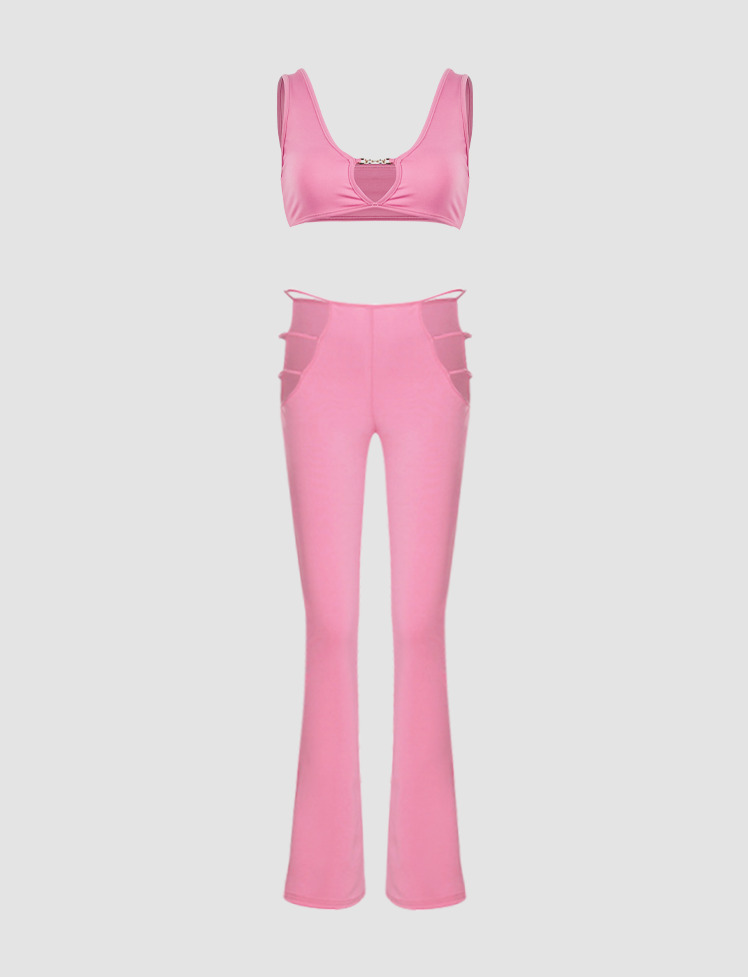 Solid Color Stretchy V Neck Vest & Pants Set - Y2K Aesthetic Comfy Outfit