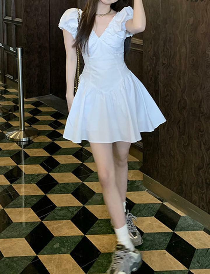 Solid Color V Neck Ruched Mini Dress - Y2K Aesthetic, Coquette Style, Cute & Comfy