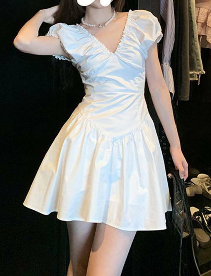 Solid Color V Neck Ruched Mini Dress - Y2K Aesthetic, Coquette Style, Cute & Comfy