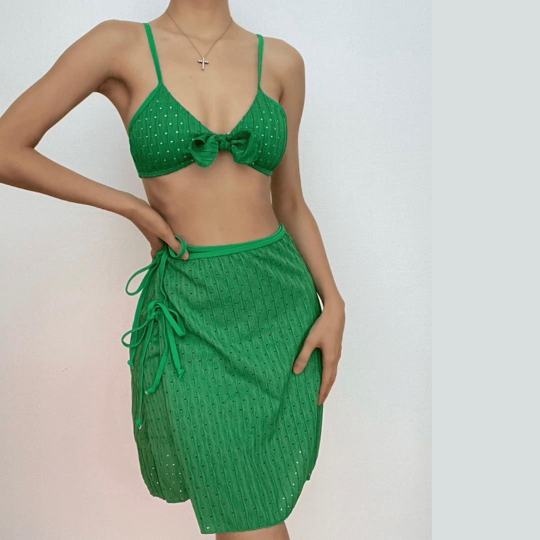 Solid Self Tie Bowknot 3-Piece Y2K Swimwear Set - Cute Aesthetic for Summer Vibes