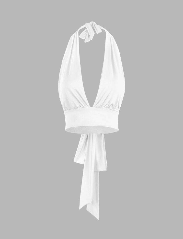 Solid Tie Halter Y2K Crop Top - Cute Summer Outfit for Coquette & Grunge Aesthetics