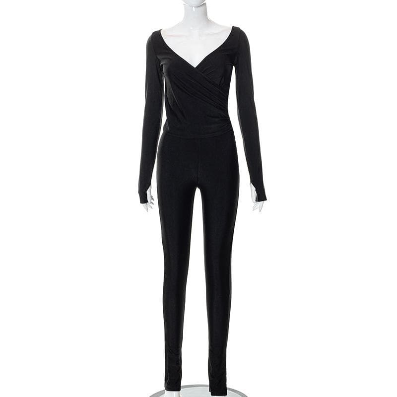 Solid V-Neck Ruched Jumpsuit with Long Sleeve Gloves - Y2K Fashion & Coquette Aesthetic
