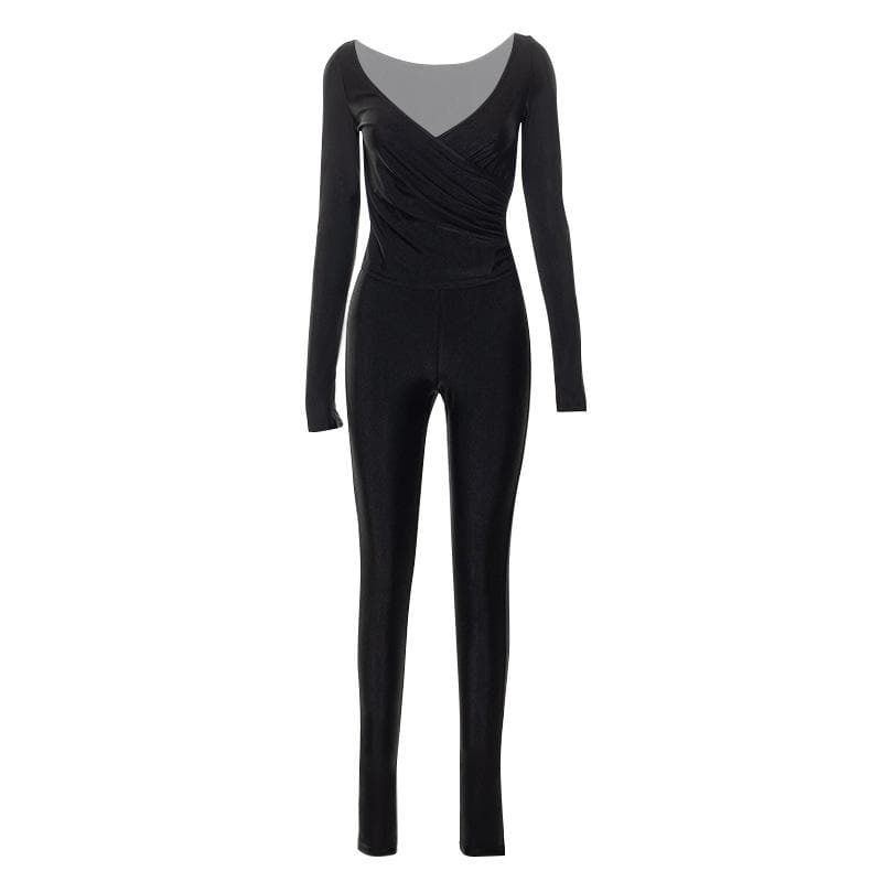 Solid V-Neck Ruched Jumpsuit with Long Sleeve Gloves - Y2K Fashion & Coquette Aesthetic