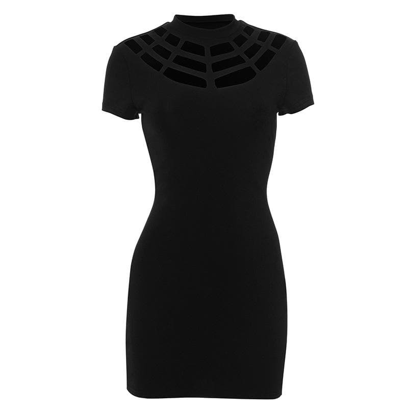 Spider Web Pattern Cut-Out Mini Dress - Y2K Grunge Aesthetic with Hollow Short Sleeves