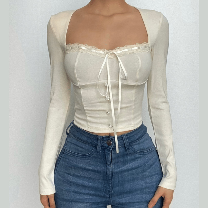 Square Neck Lace Hem Button-Up Top - Y2K Aesthetic Cute Top for Coquette & Grunge Styles