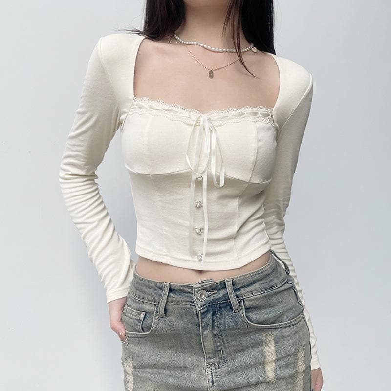 Square Neck Lace Hem Button-Up Top - Y2K Aesthetic Cute Top for Coquette & Grunge Styles