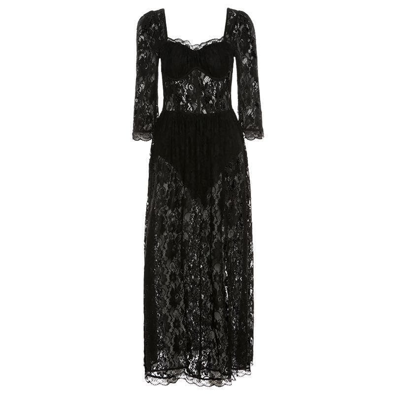 Square Neck Lace Slit Long Sleeve Midi Dress - Y2K Aesthetic, Coquette Style, Grunge Fashion