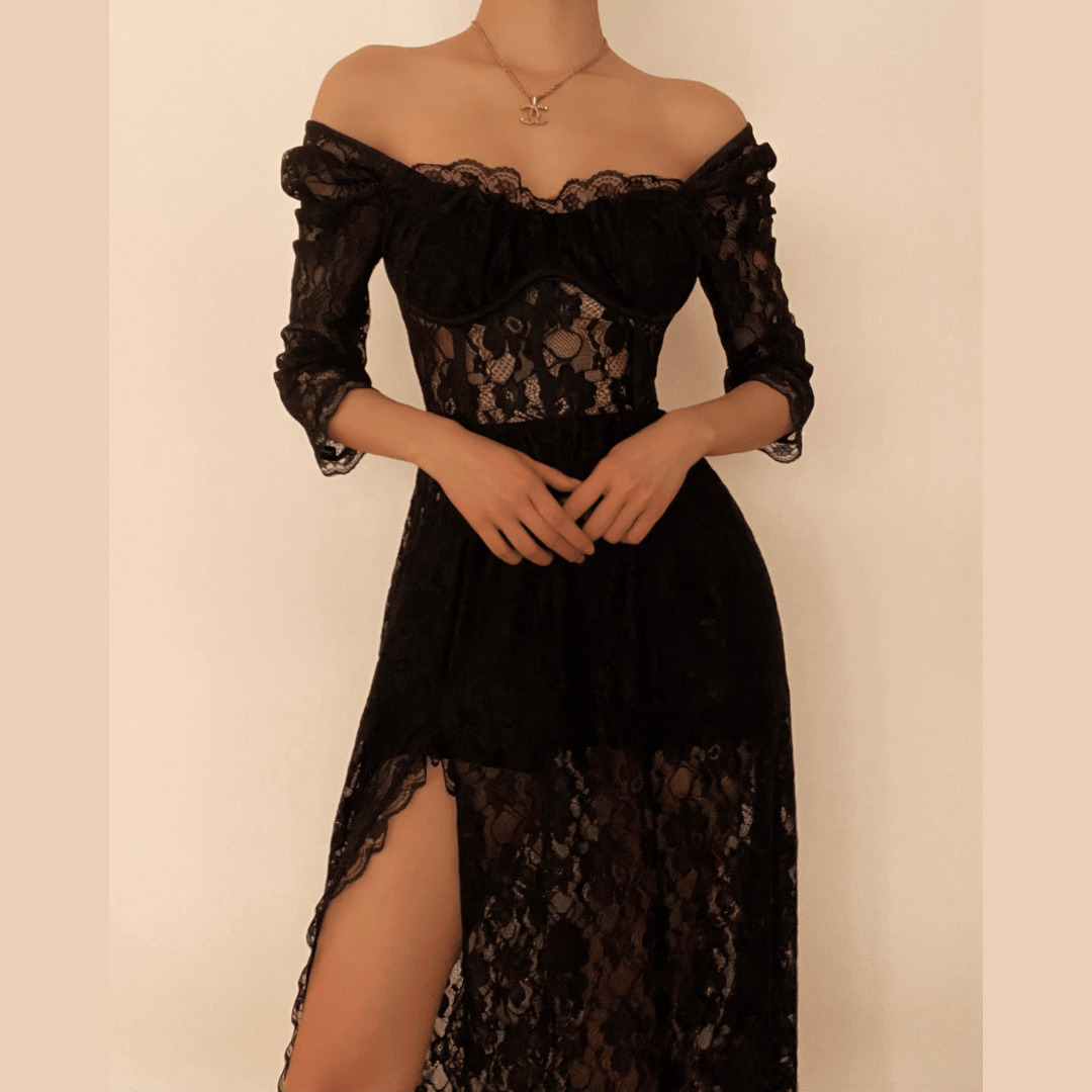 Square Neck Lace Slit Long Sleeve Midi Dress - Y2K Aesthetic, Coquette Style, Grunge Fashion