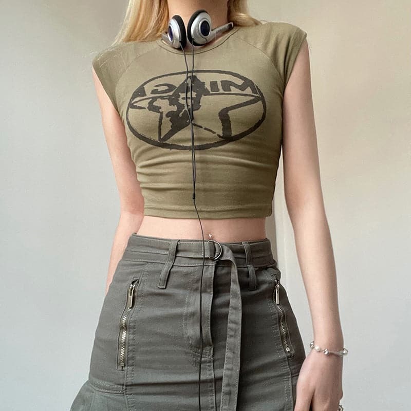 Star Pattern Cap Sleeve Contrast Crewneck Crop Top - Y2K Aesthetic Cute Top for Grunge & Coquette Styles