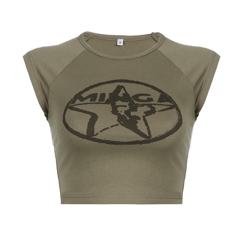 Star Pattern Cap Sleeve Contrast Crewneck Crop Top - Y2K Aesthetic Cute Top for Grunge & Coquette Styles