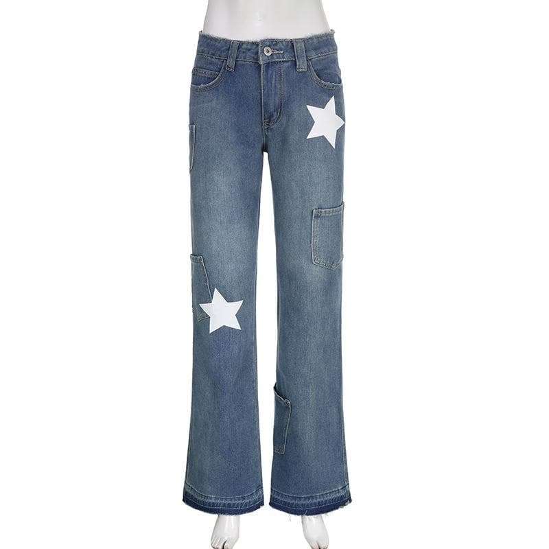 Star Pattern Raw Hem Pocket Straight Leg Jeans - Y2K Grunge Aesthetic Denim for Trendy Looks