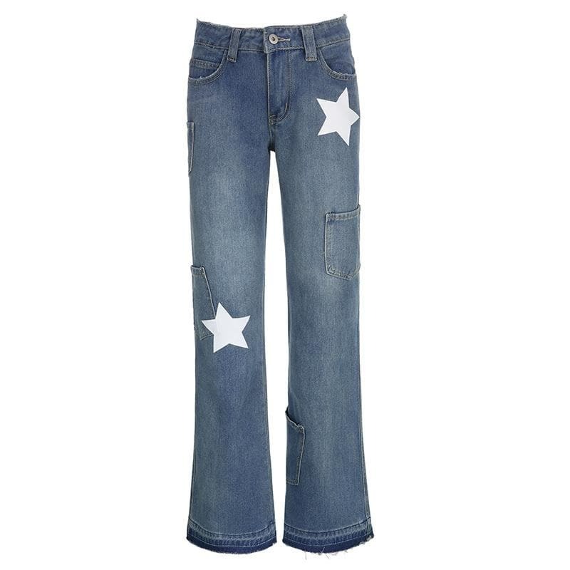 Star Pattern Raw Hem Pocket Straight Leg Jeans - Y2K Grunge Aesthetic Denim for Trendy Looks