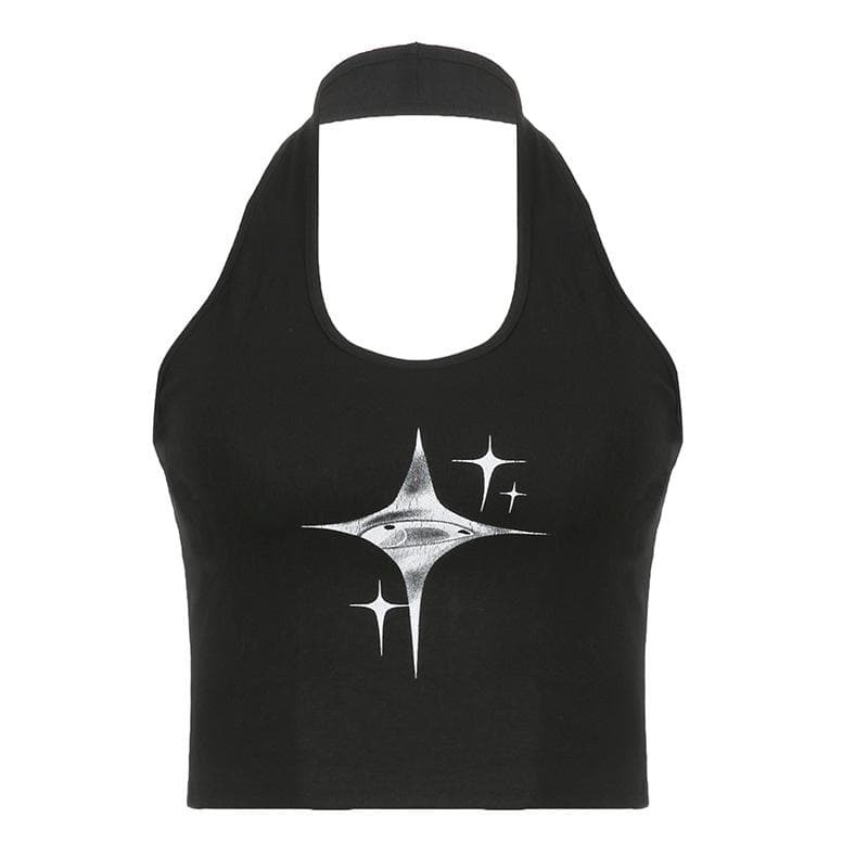 Star Pattern U-Neck Halter Backless Crop Top - Y2K Aesthetic Cute Top for Grunge & Coquette Styles