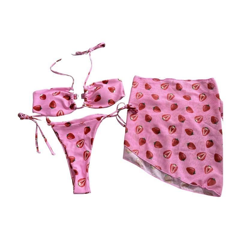 Strawberry Print Y2K Halter Mesh Self-Tie Mini Skirt 3-Piece Swimwear Set for Aesthetic Vibes