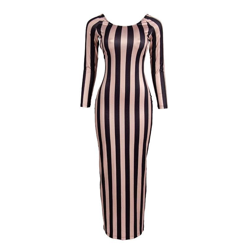 Striped Backless Long Sleeve Maxi Dress - Y2K Aesthetic Contrast Round Neck Fashion