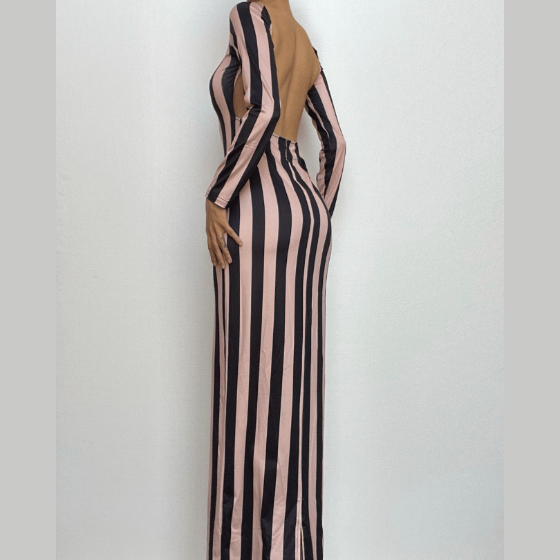 Striped Backless Long Sleeve Maxi Dress - Y2K Aesthetic Contrast Round Neck Fashion