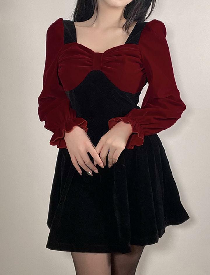 Sweet Bow Stitching Velvet Dress - Y2K Coquette Aesthetic Dress for Cute Outfits