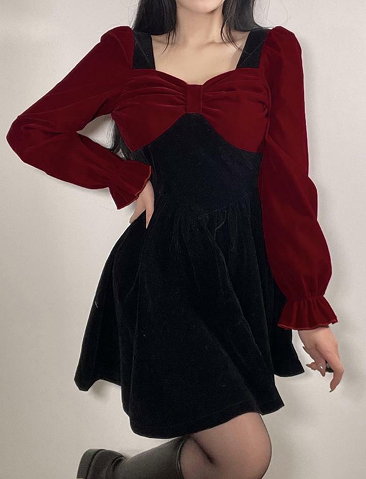 Sweet Bow Stitching Velvet Dress - Y2K Coquette Aesthetic Dress for Cute Outfits