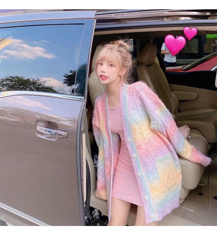 Sweet Rainbow Y2K Knitted Cardigan - Cute Pastel Aesthetic for Cozy Fall Vibes