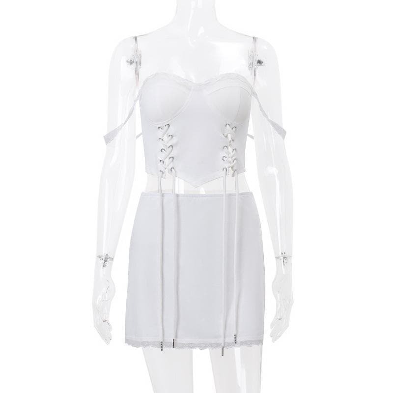 Sweetheart Neck Lace Hem Bustier Cami & Mini Skirt Set - Y2K Coquette Aesthetic Outfit