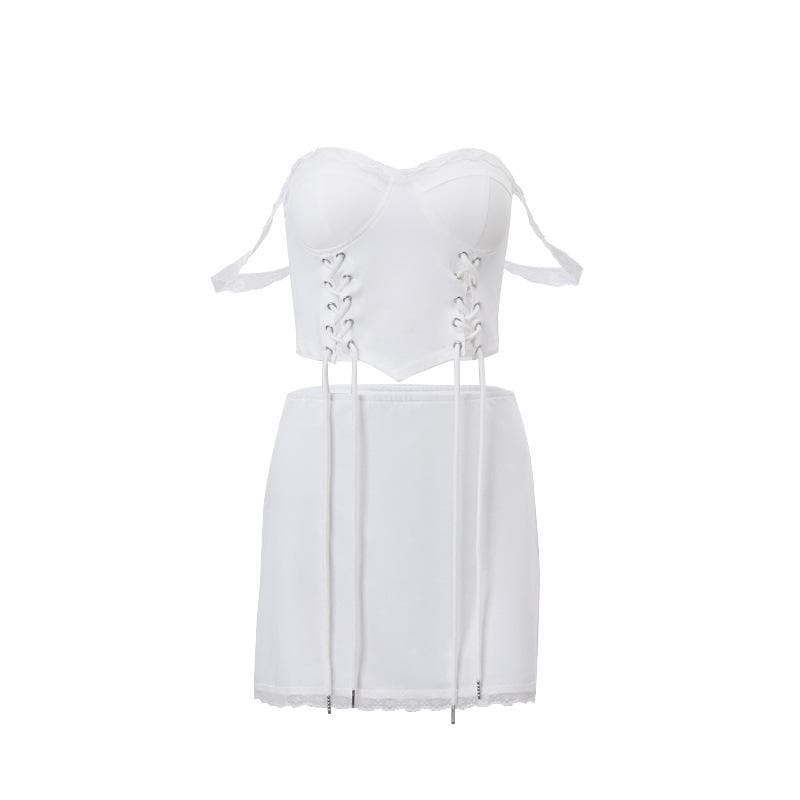 Sweetheart Neck Lace Hem Bustier Cami & Mini Skirt Set - Y2K Coquette Aesthetic Outfit