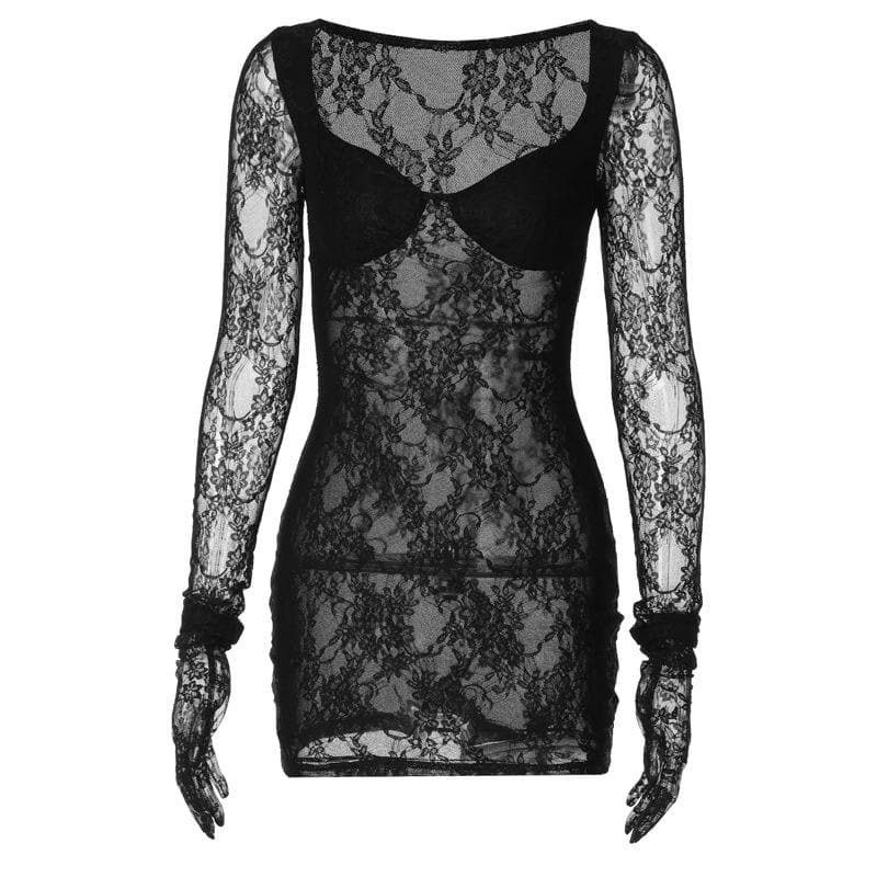 Sweetheart Neck Mini Dress with Sheer Long Sleeve Lace Gloves - Y2K Coquette Aesthetic