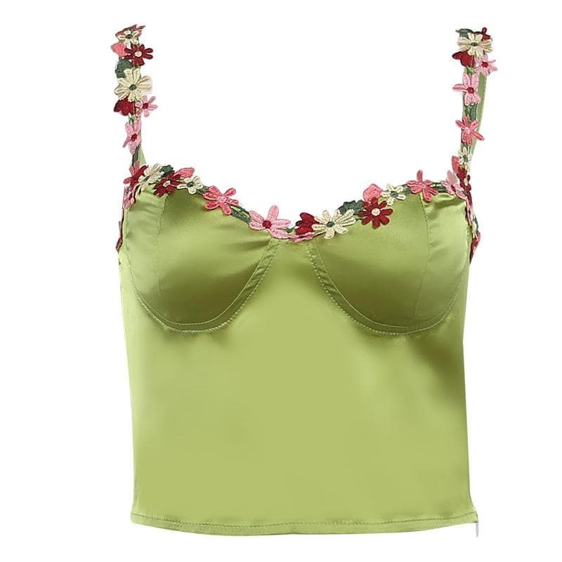 Sweetheart Neck Satin Cami Crop Top with Flower Embroidery - Y2K Coquette Aesthetic