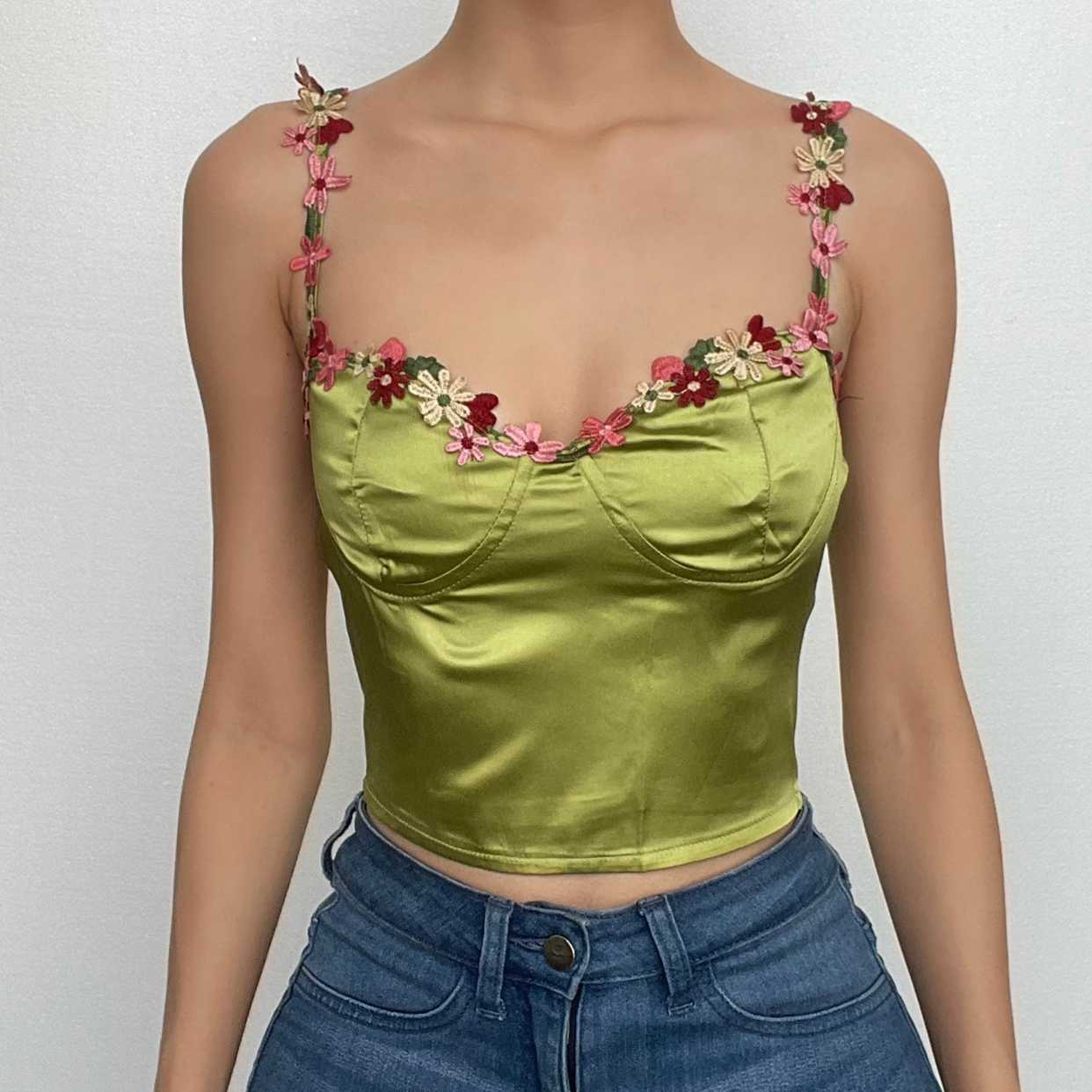Sweetheart Neck Satin Cami Crop Top with Flower Embroidery - Y2K Coquette Aesthetic