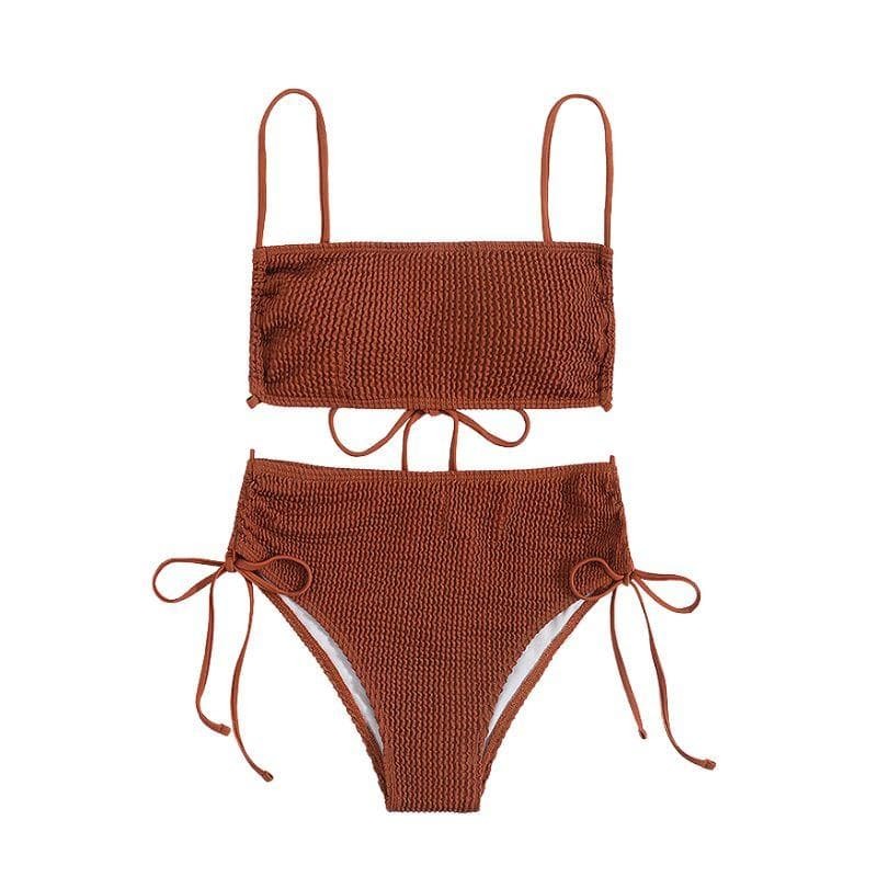 Textured Backless Self-Tie Drawstring Bikini - Y2K Aesthetic Swimwear for Summer Vibes