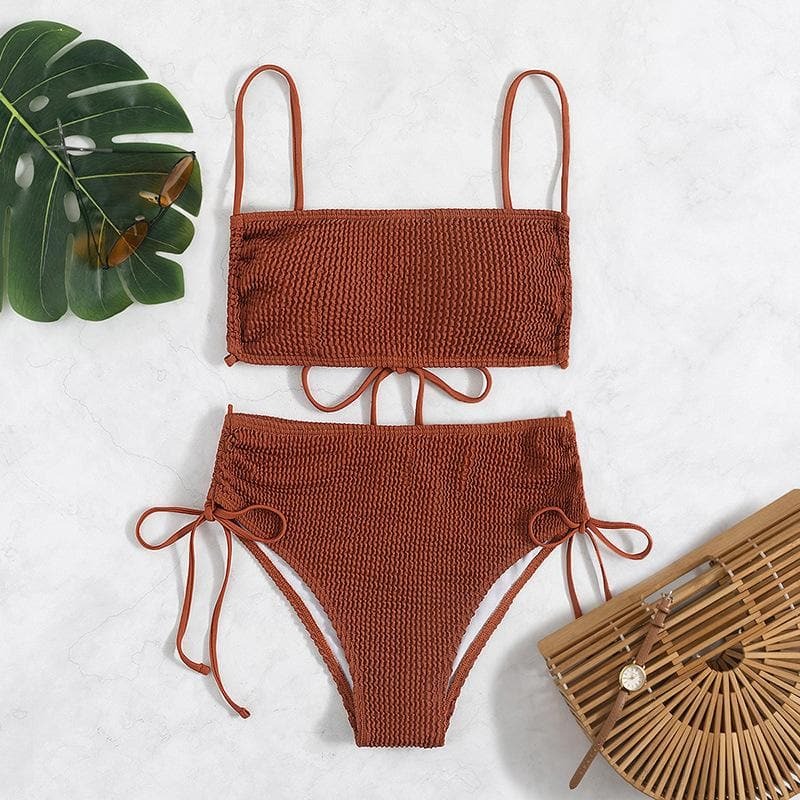 Textured Backless Self-Tie Drawstring Bikini - Y2K Aesthetic Swimwear for Summer Vibes
