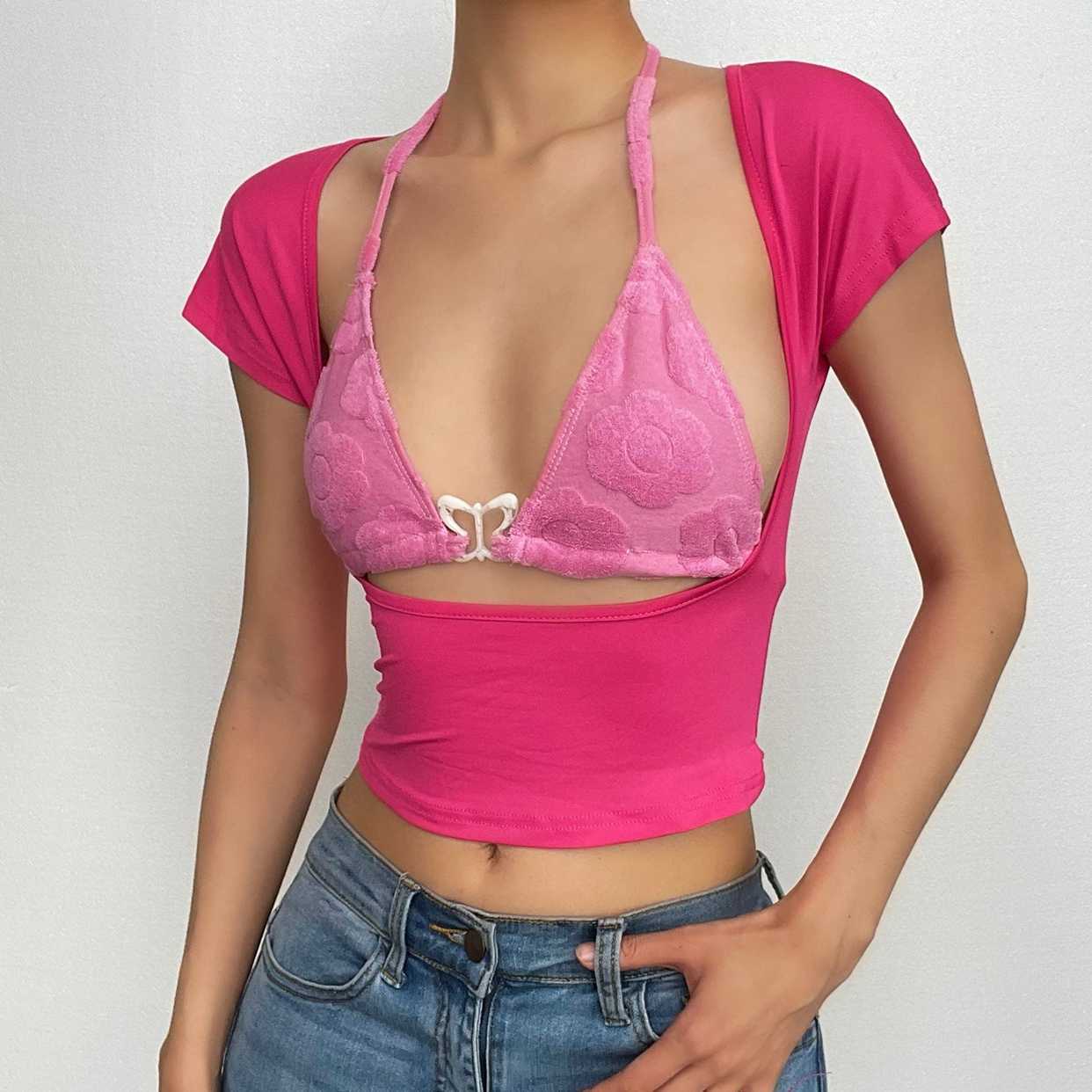 Textured Butterfly Hollow Out Short Sleeve Crop Top - Y2K Aesthetic Cute Top for Stylish Outfits