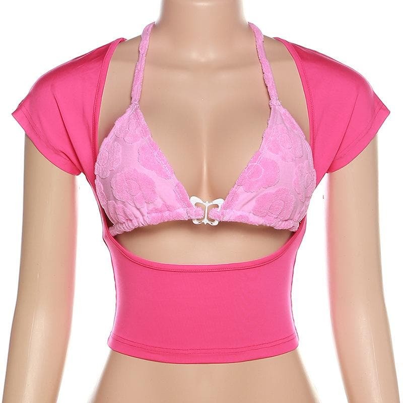 Textured Butterfly Hollow Out Short Sleeve Crop Top - Y2K Aesthetic Cute Top for Stylish Outfits