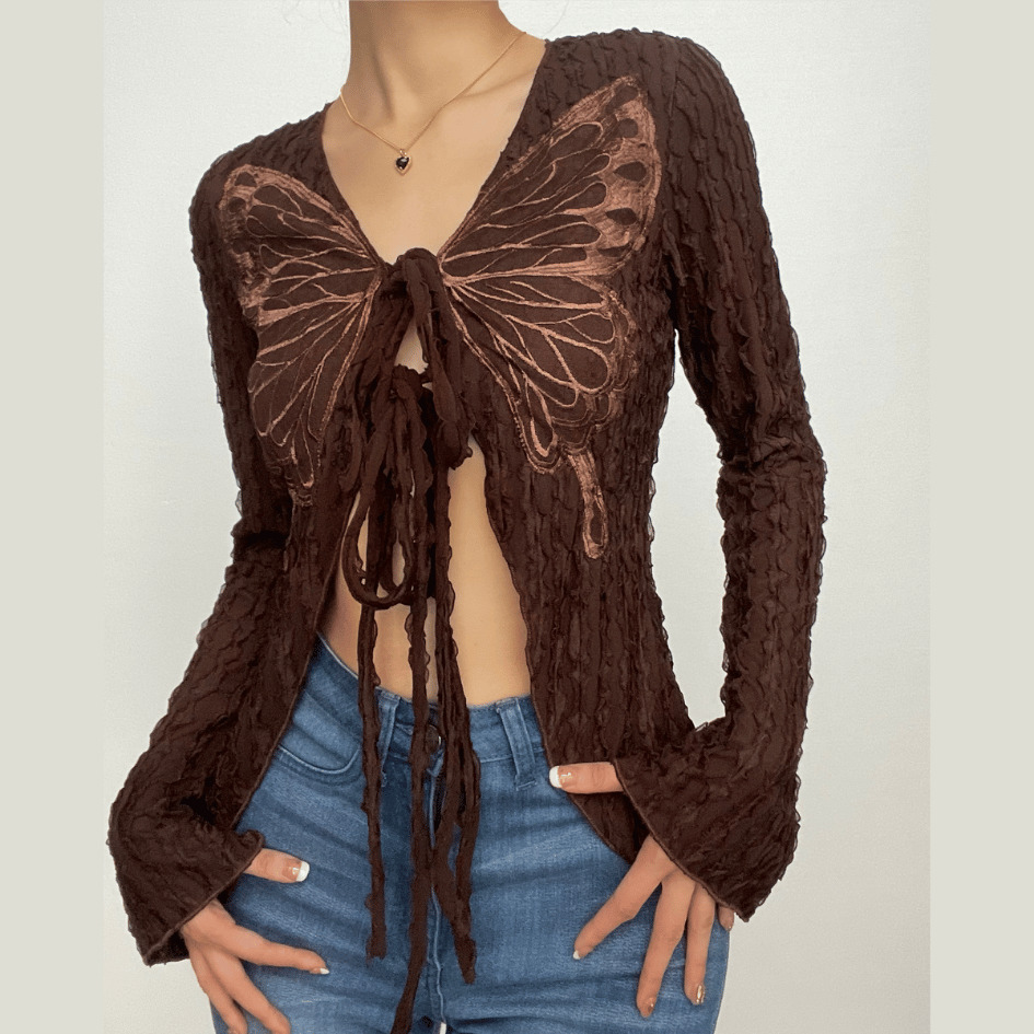 Textured Butterfly Pattern Self-Tie Long Sleeve V-Neck Crop Top for Y2K & Coquette Aesthetic