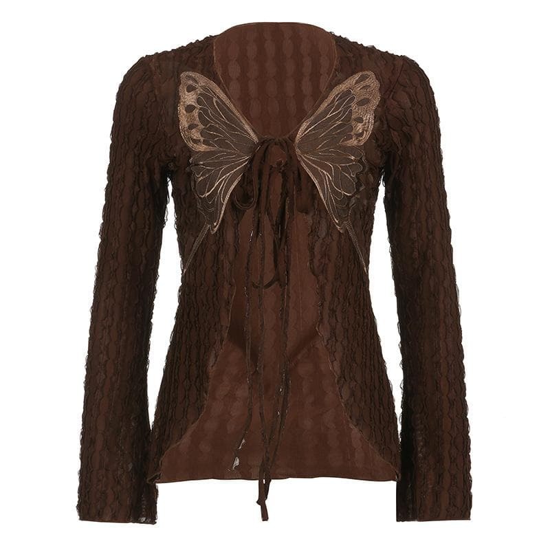 Textured Butterfly Pattern Self-Tie Long Sleeve V-Neck Crop Top for Y2K & Coquette Aesthetic