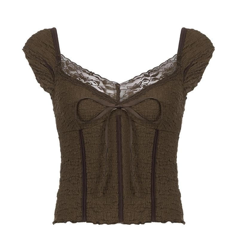 Textured Cap Sleeve Lace Hem Backless Top - Y2K Fashion Meets Coquette Aesthetic