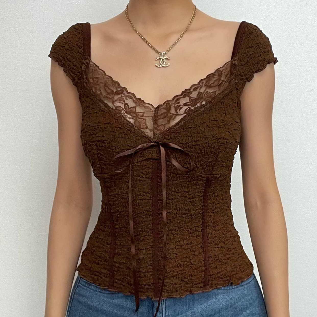Textured Cap Sleeve Lace Hem Backless Top - Y2K Fashion Meets Coquette Aesthetic