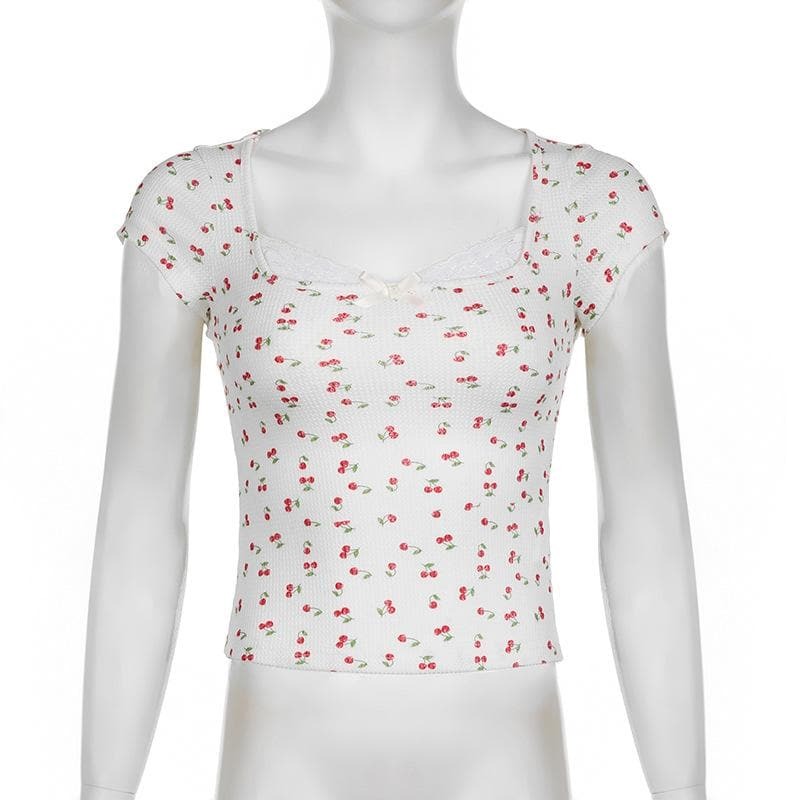 Textured Cherry Print Bowknot Lace Hem Top - Y2K Aesthetic Cute Crop Top for Coquette Style