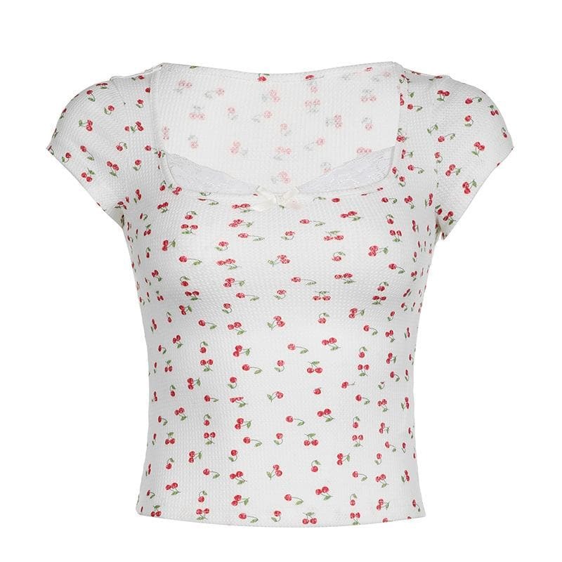 Textured Cherry Print Bowknot Lace Hem Top - Y2K Aesthetic Cute Crop Top for Coquette Style