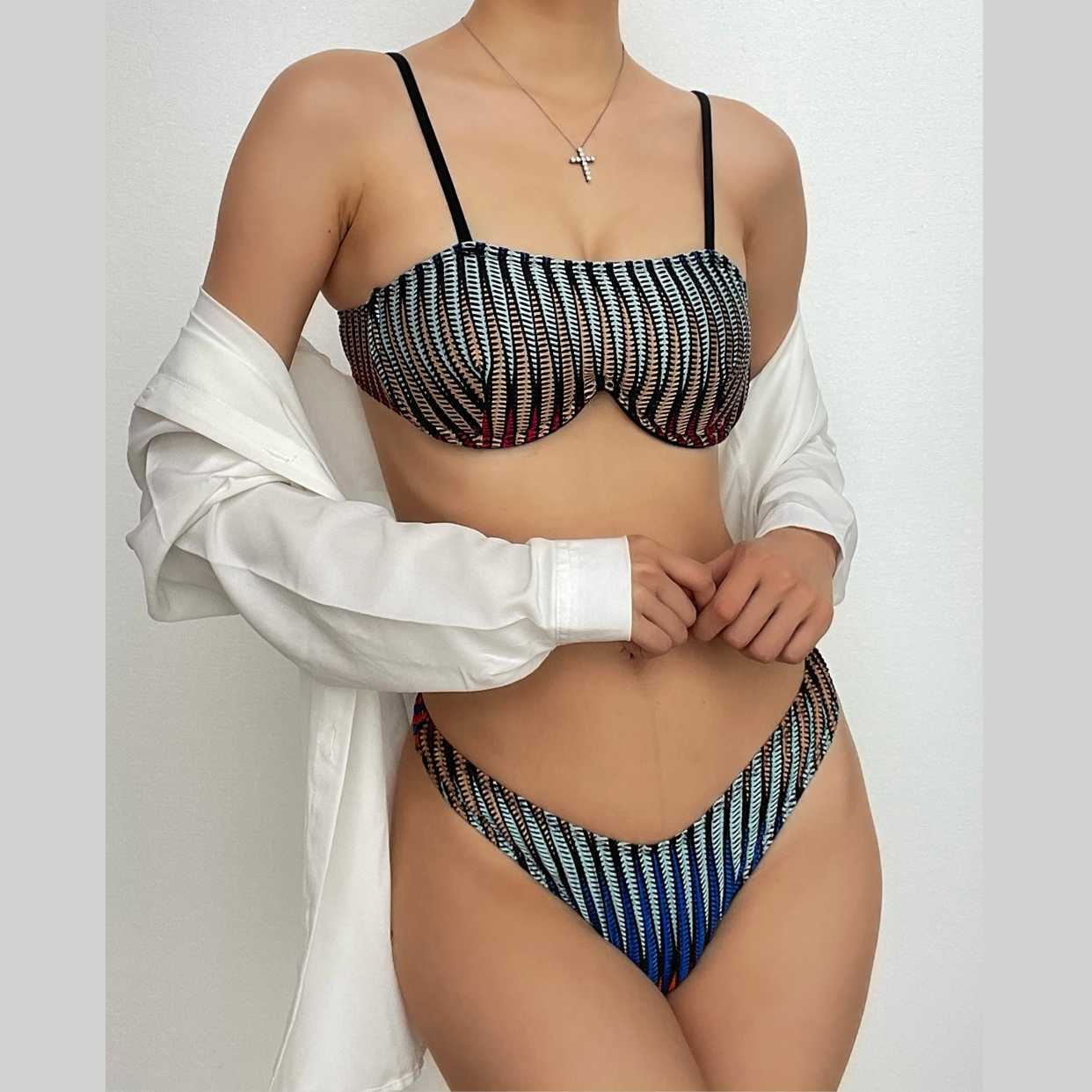 Textured Contrast Button Cami Bikini Swimwear - Y2K Aesthetic, Cute Swimwear for Summer Fun