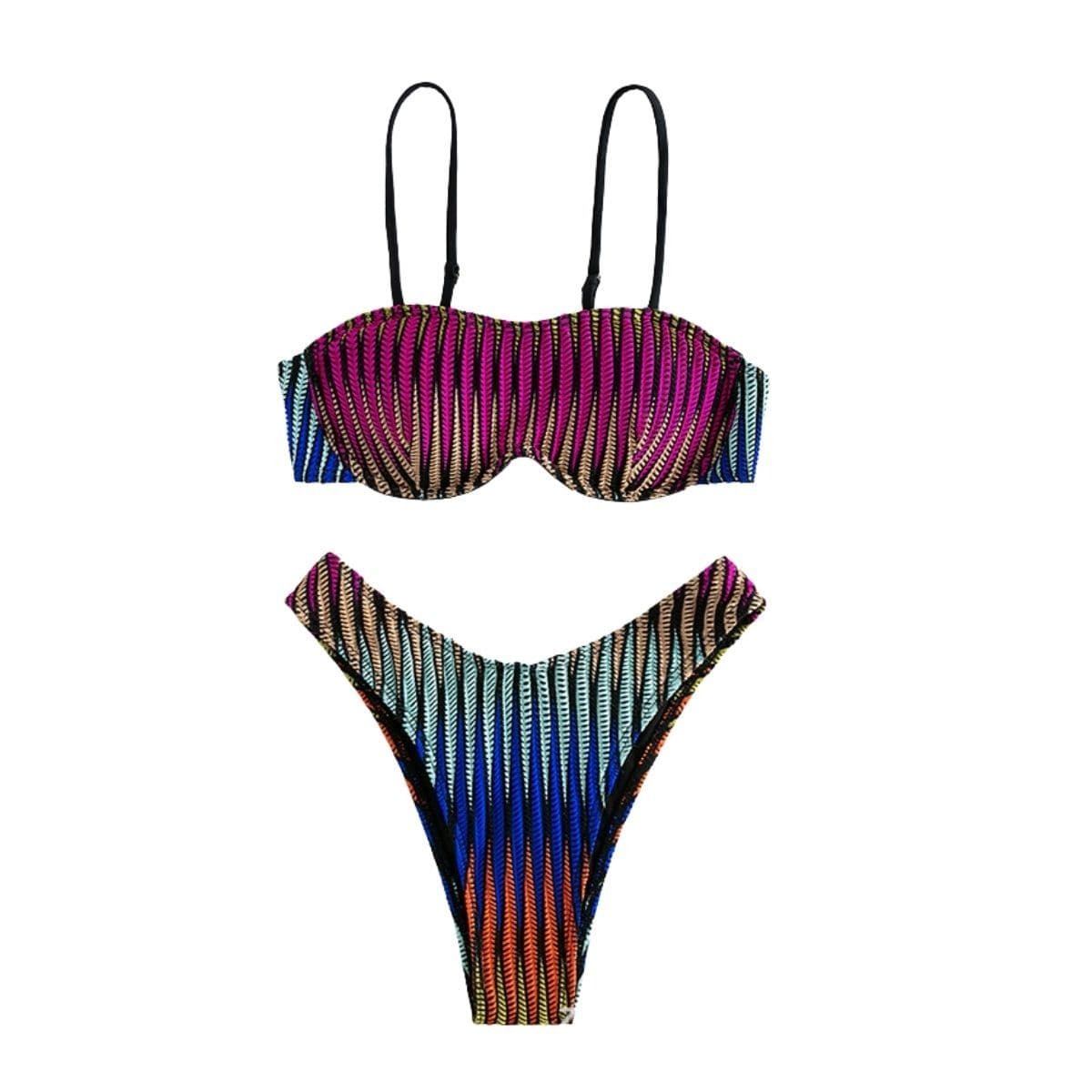 Textured Contrast Button Cami Bikini Swimwear - Y2K Aesthetic, Cute Swimwear for Summer Fun