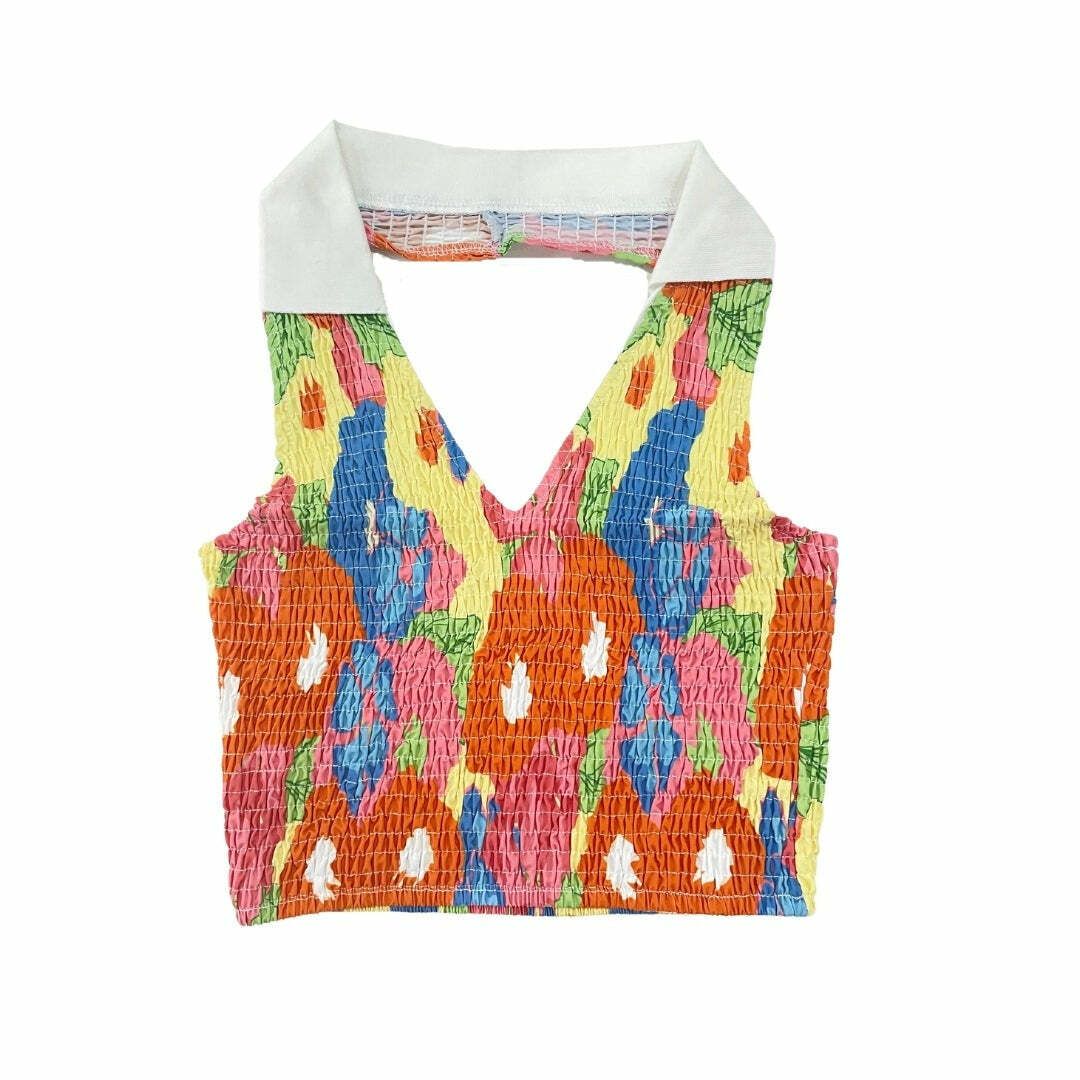 Textured Contrast Flower Print Halter Crop Top - Y2K Aesthetic Sleeveless Cute Top