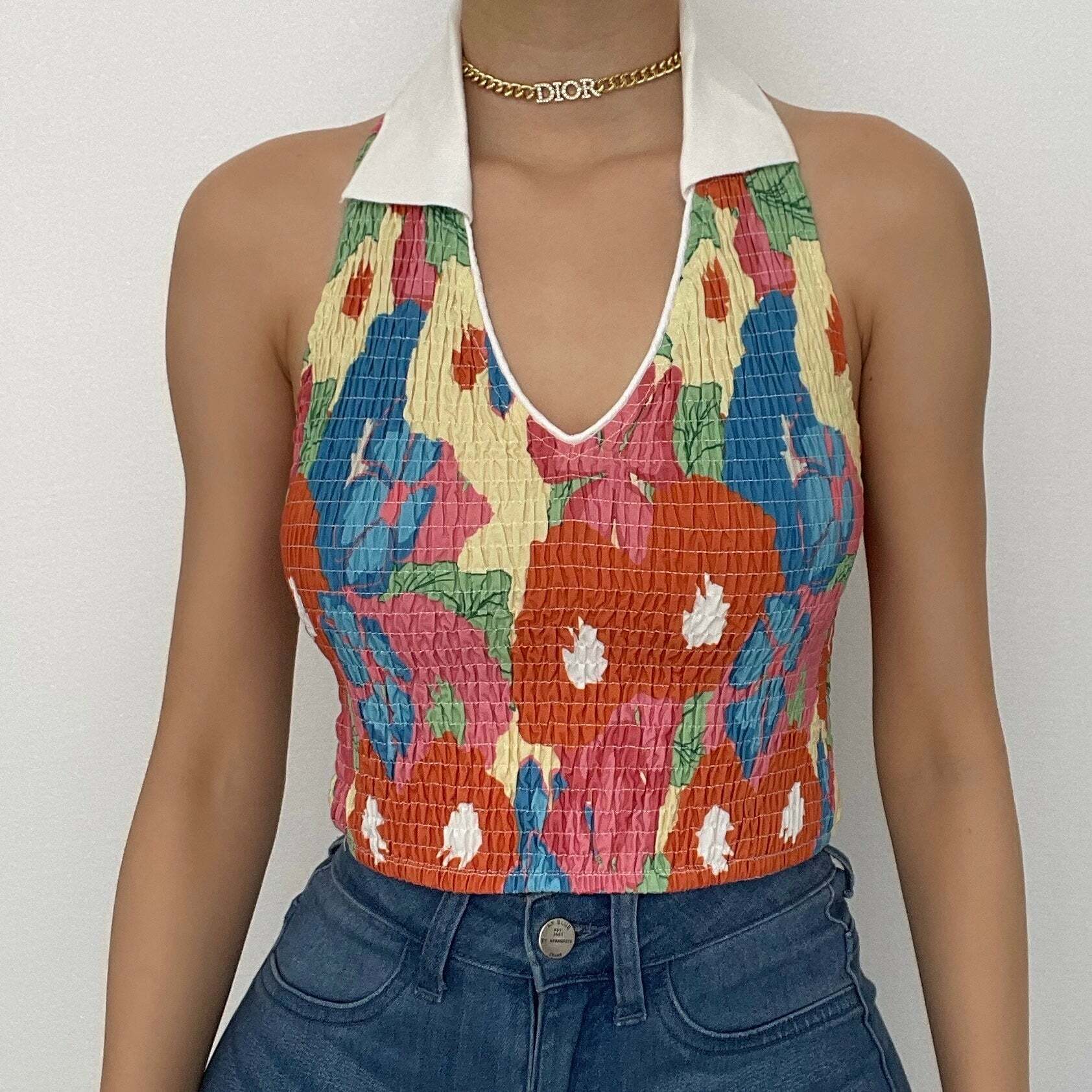 Textured Contrast Flower Print Halter Crop Top - Y2K Aesthetic Sleeveless Cute Top