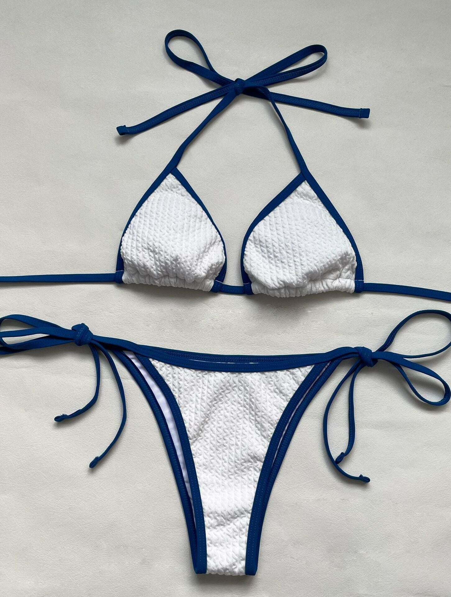 Textured Contrast Halter Tie Bikini - Y2K Aesthetic Swimwear for Coquette & Grunge Styles