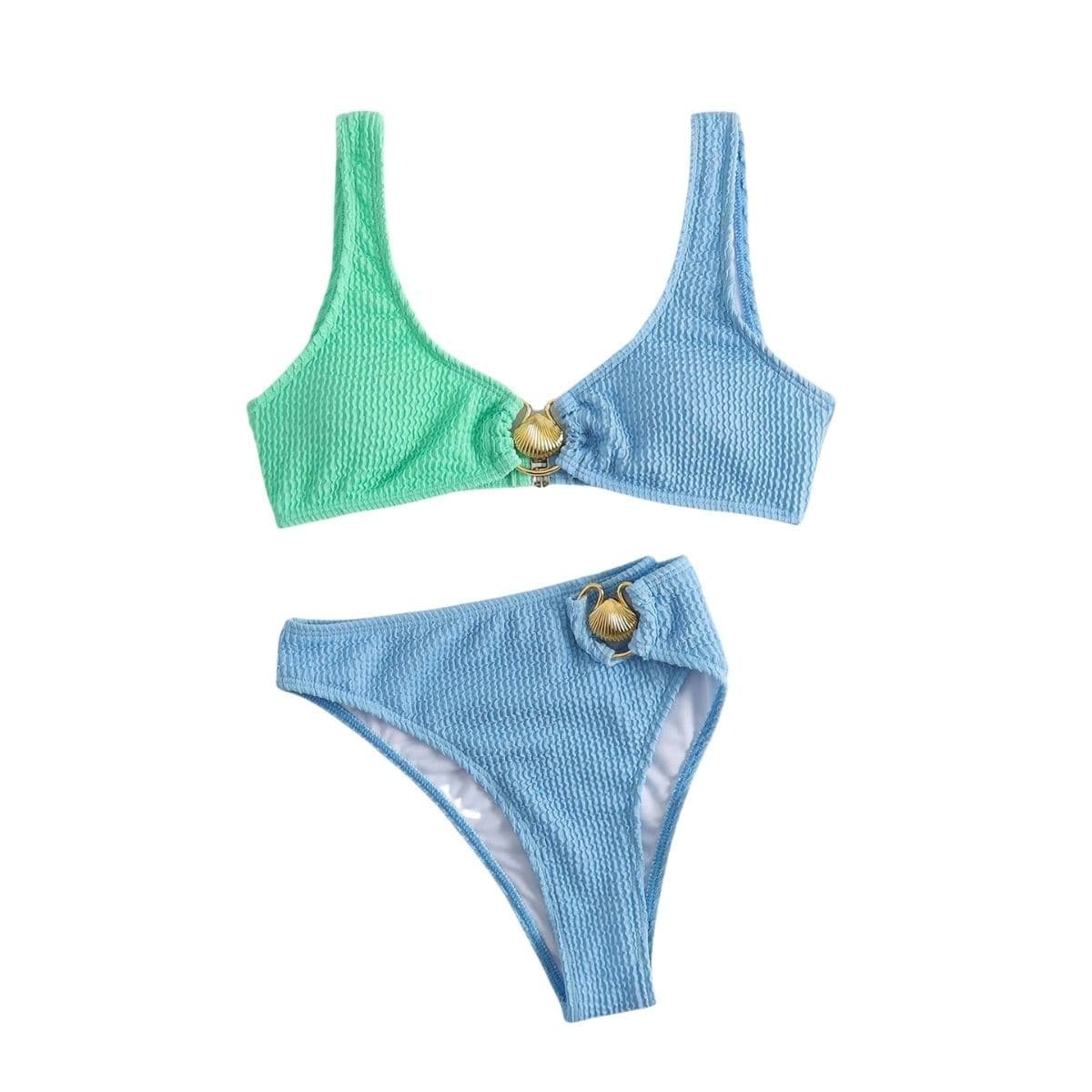 Textured Contrast O-Ring Sleeveless U-Neck Bikini Swimwear - Y2K Aesthetic Swimwear