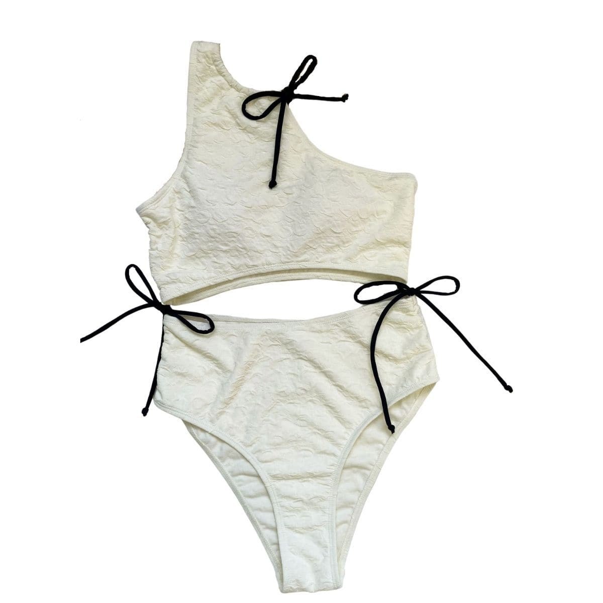 Textured Contrast One Shoulder Self-Tie Swimwear - Y2K Aesthetic & Coquette Style