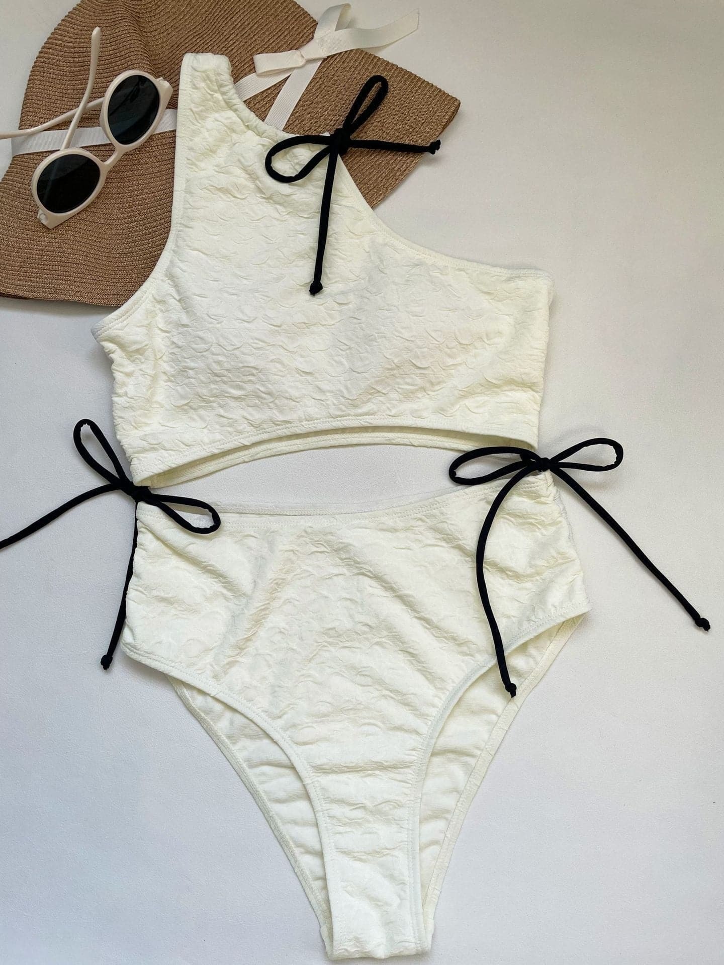 Textured Contrast One Shoulder Self-Tie Swimwear - Y2K Aesthetic & Coquette Style