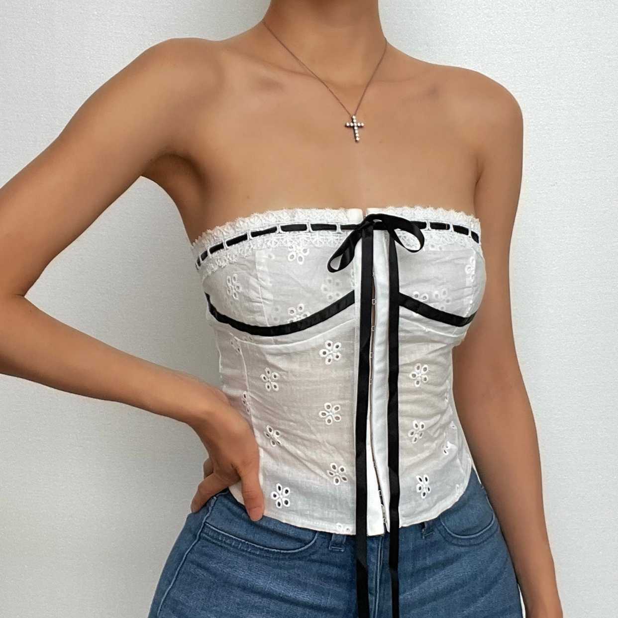 Textured Contrast Stitch Backless Tube Top - Y2K Aesthetic Cute Crop Top for Grunge & Coquette Styles